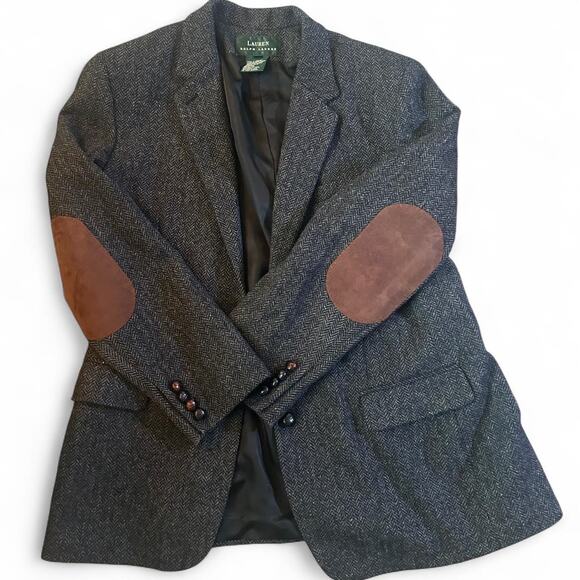 VTG Ralph Lauren Grey wool blazer Suede leather elbow pads - Picture 1 of 6